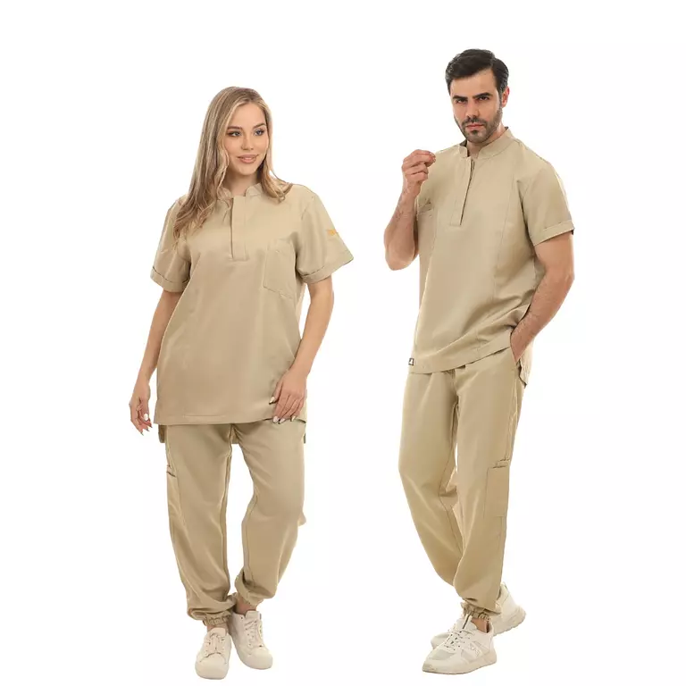 Beige Half Collar Scrub Half Sleeve