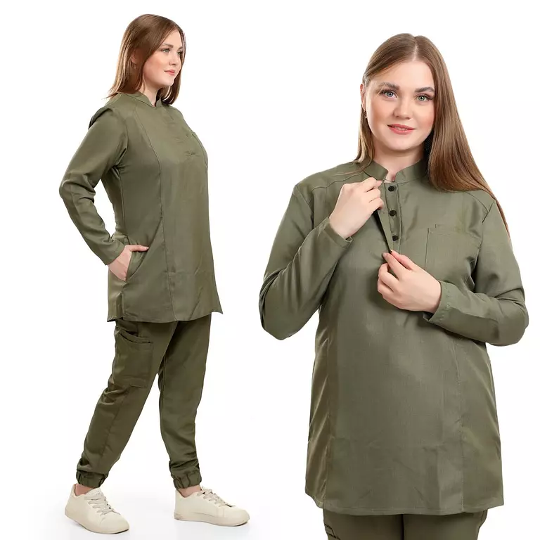 Olive Green Half Collar Scrub Full Sleeve