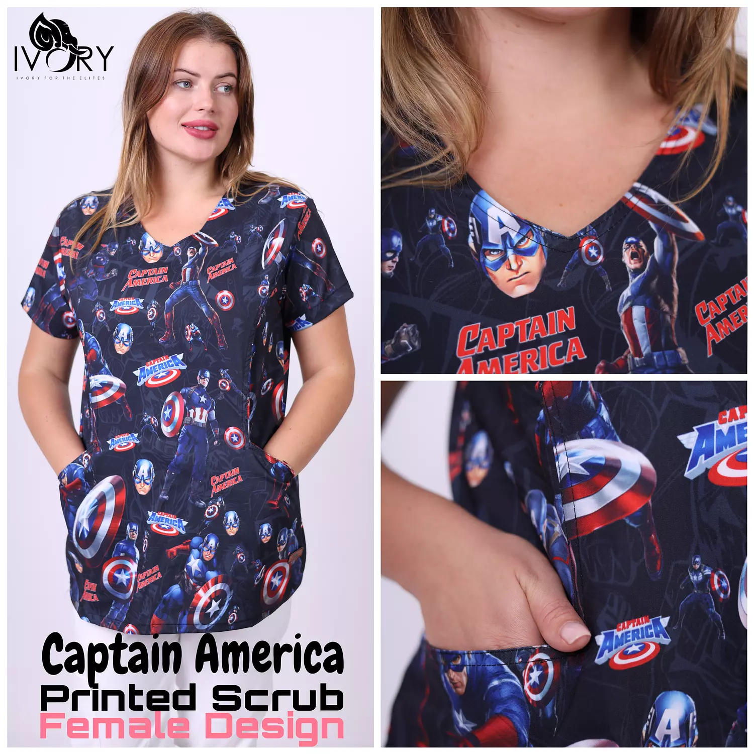 Female Captain America Printed Scrub