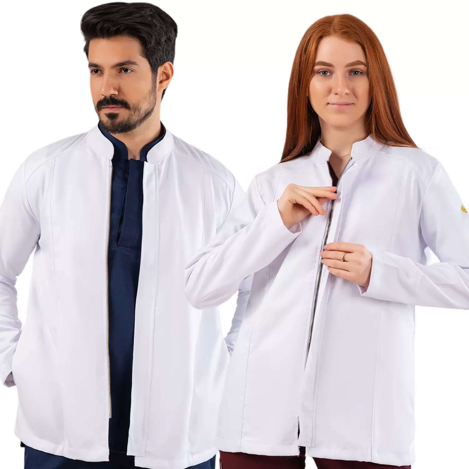 Half Collar Lab Coat with Zipper (White)